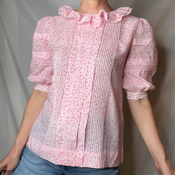 Vintage ruffle neck floral heart print blouse short puff sleeve pink pleated‎ S - Picture 11 of 17